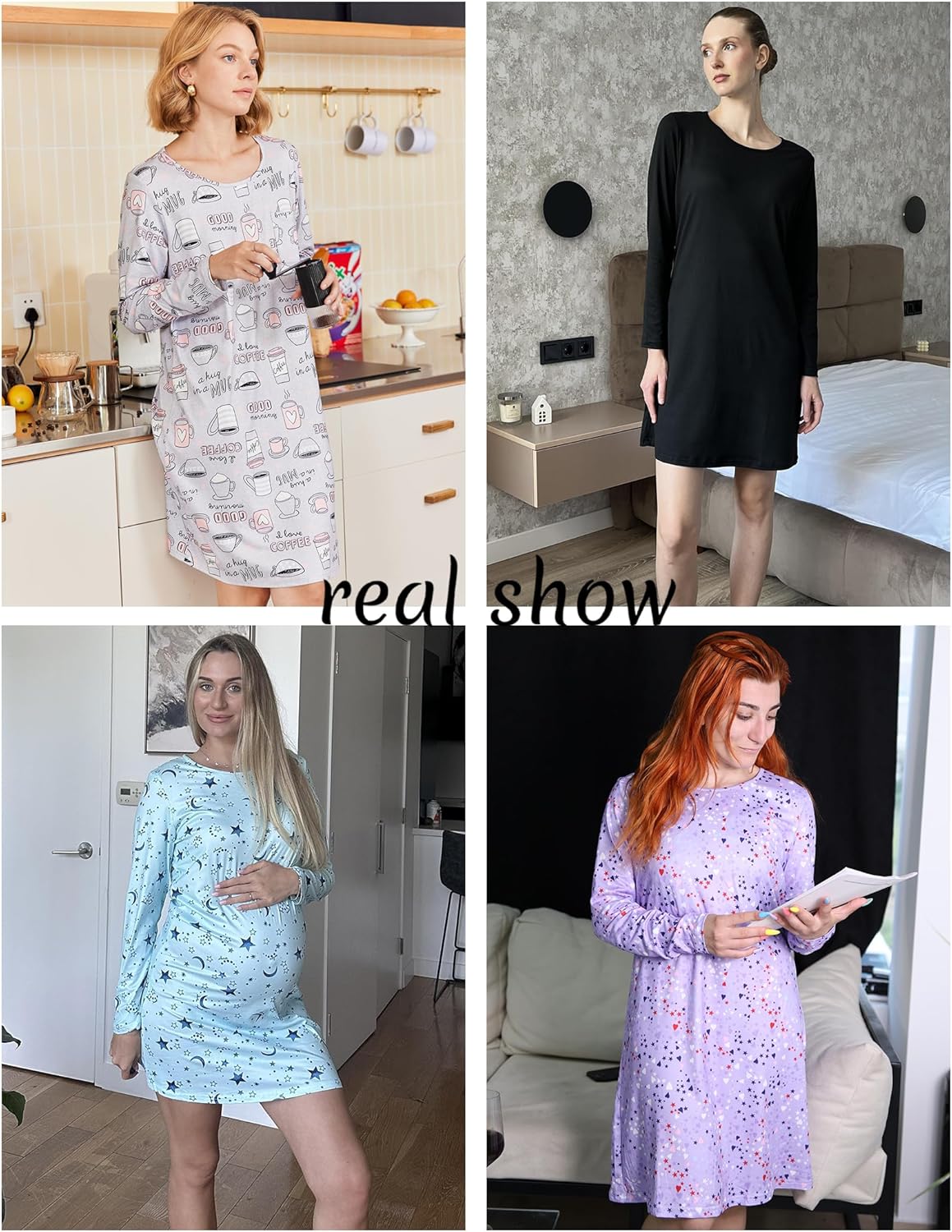 Long-sleeve sleep dress set: light gray, black, light blue, lavender colors