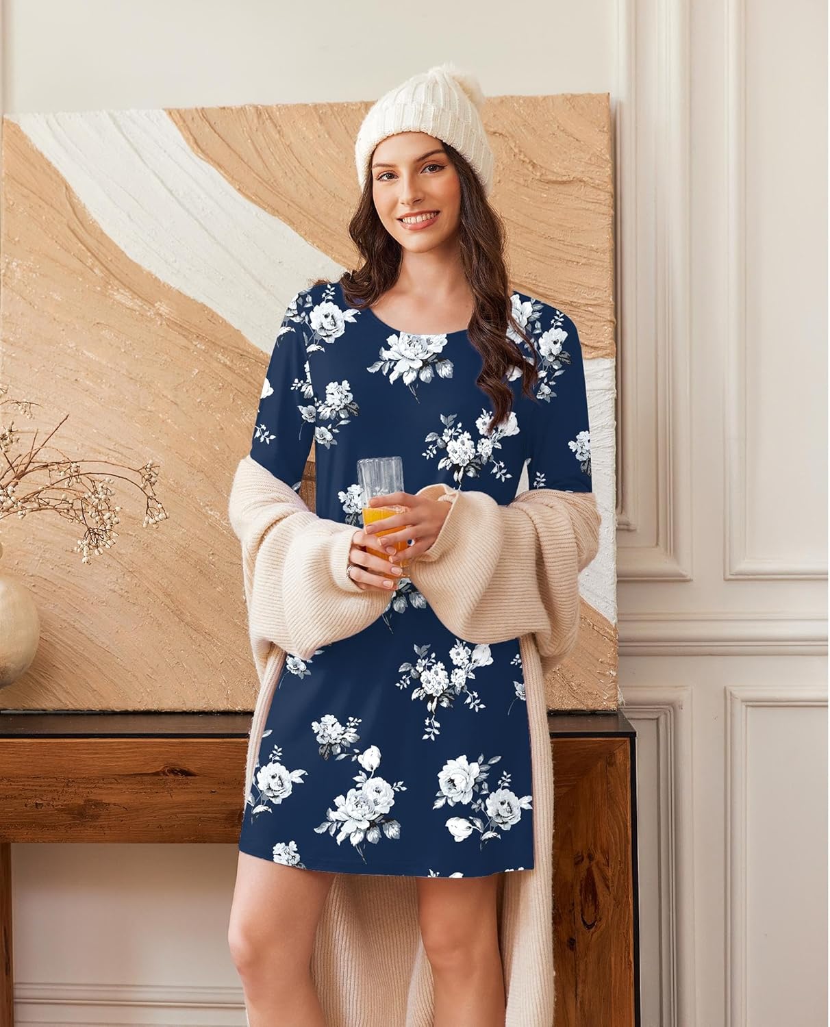 Navy long-sleeve sleep shirt nightgown with white floral print, round neck