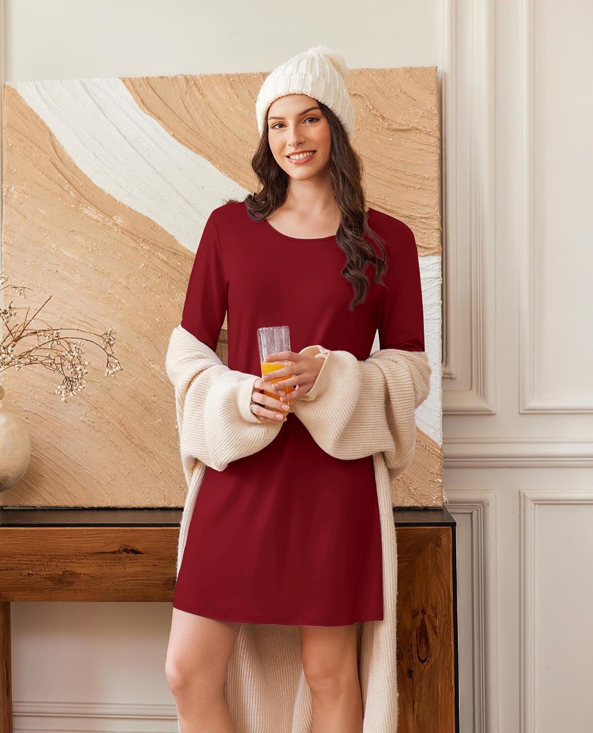 Wine red long-sleeve sleep dress, solid color