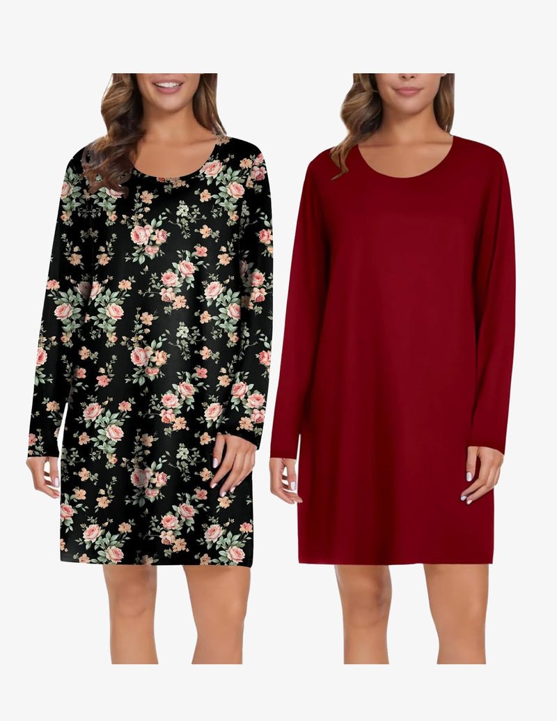 Two-pack long-sleeve nightgown: black floral bouquet print and wine red solid.