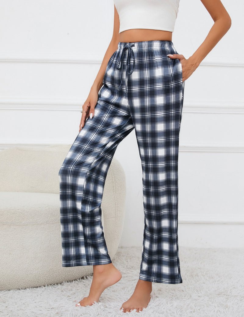 Plaid lounge pajama pants with drawstring waist and wide cuffs, navy and white