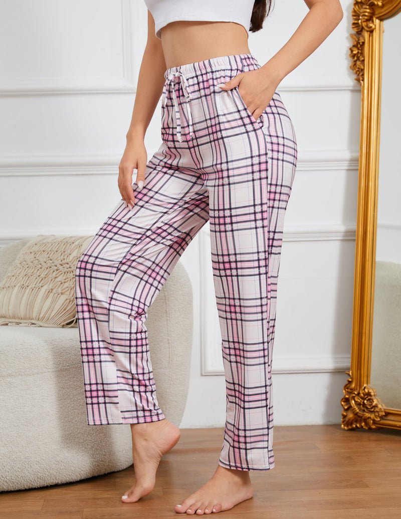 Plaid lounge pajama pants with gathered drawstring waist, pink and navy