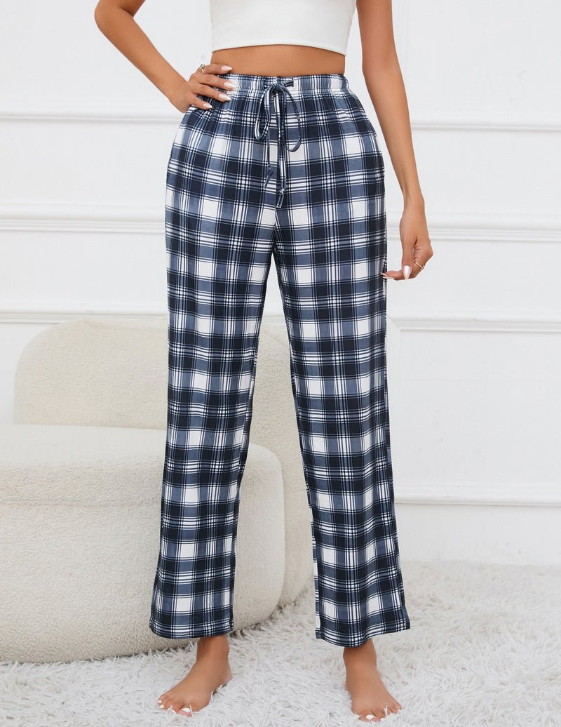 Plaid lounge pajama pants, full length with drawstring waist, navy and white
