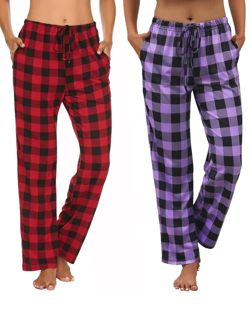 2-Pack Lounge Pants: rot-schwarzes Karomuster und lila-schwarz kariert, Kordelzug
