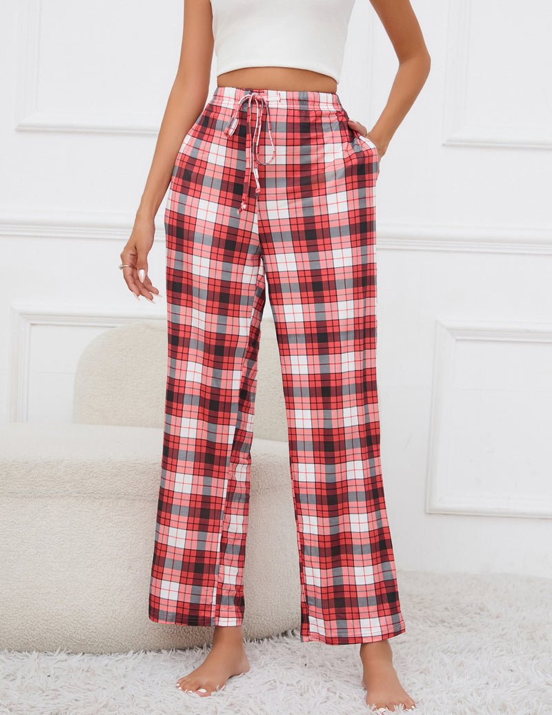 Lounge Pants mit rotem Karomuster, weit geschnittene Hose mit Kordel am Bund
