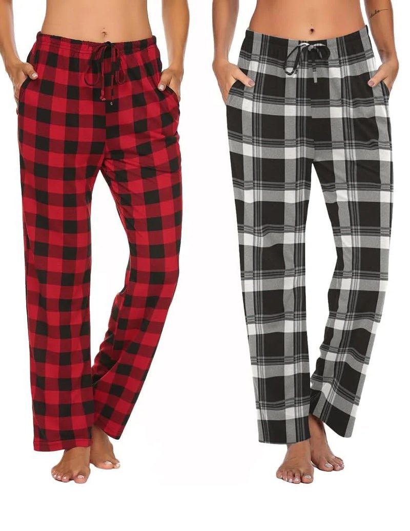 2-Pack Lounge Pants: rot-schwarze und grau-weiße Karohose, Gummibund mit Kordel