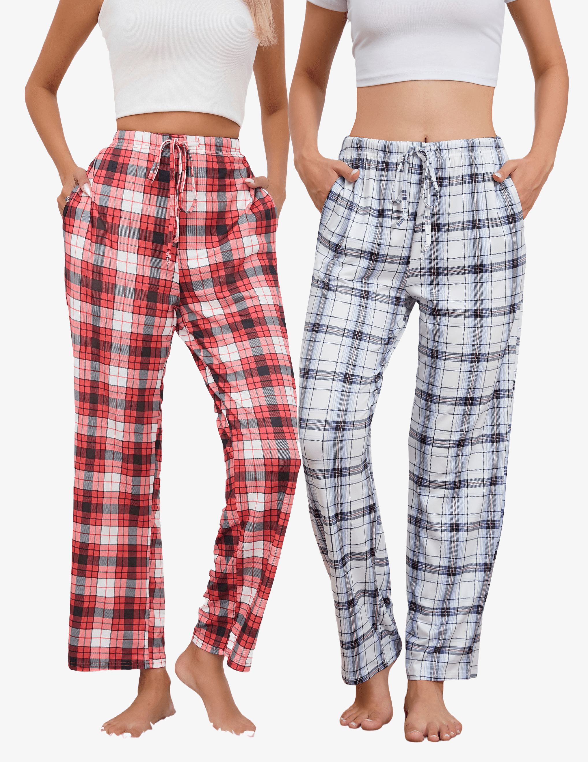 2-Pack Lounge Pants: rot-schwarzes und blau-weißes Karomuster, Gummibund mit Kordel
