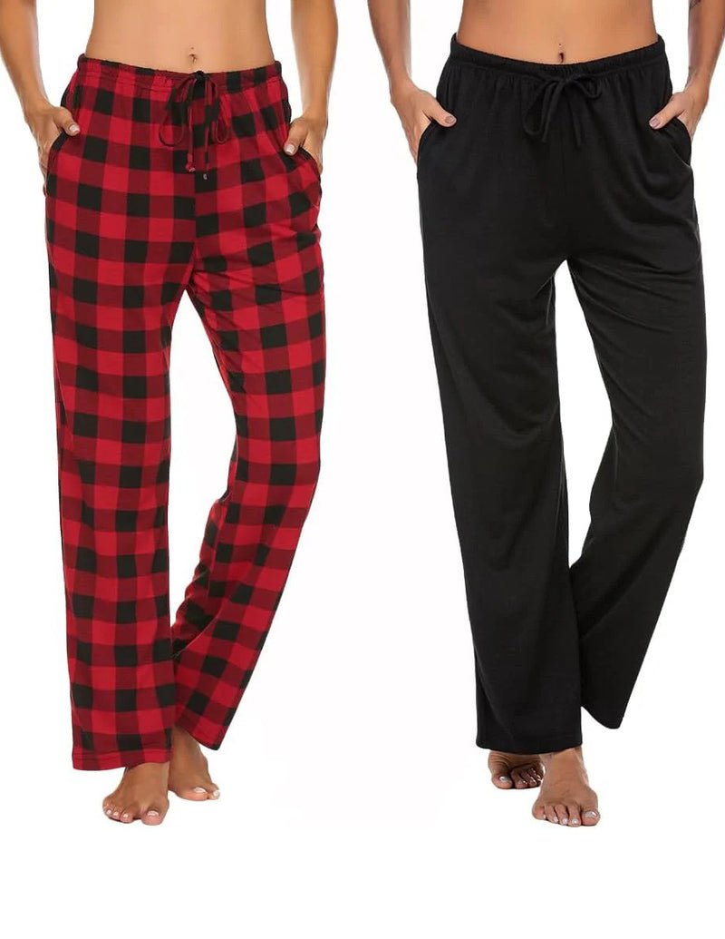 2-Pack Lounge Pants: rot-schwarzes Karomuster und schwarze einfarbige Hose, Gummibund