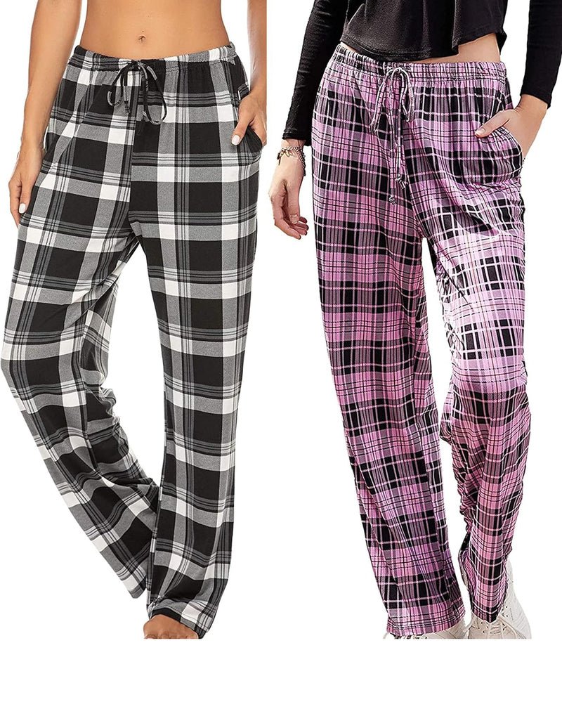 2-Pack Lounge Pants: grau-weiß karierte und lila karierte Hose, Gummibund mit Kordel