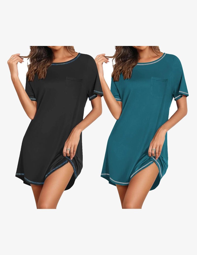 Black & teal short-sleeve nightgown set, crew neck, front pocket, contrast trim