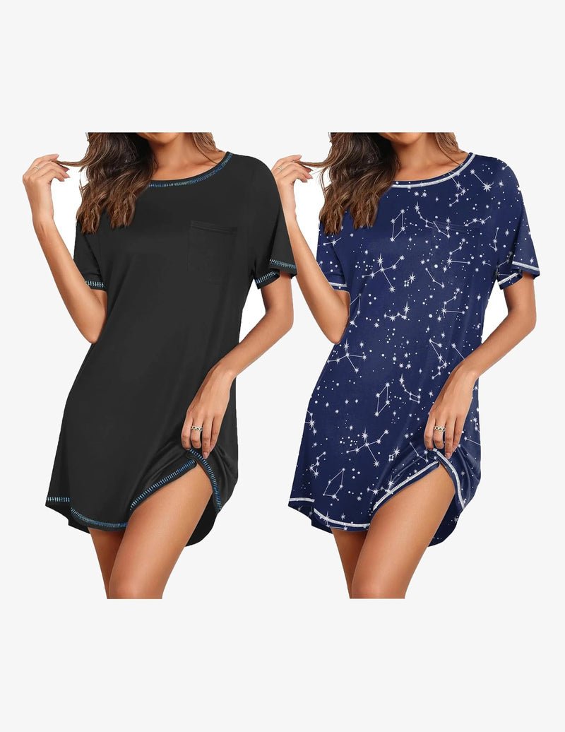 2-pack short sleeve nightgown: black solid & navy star print, crew neck
