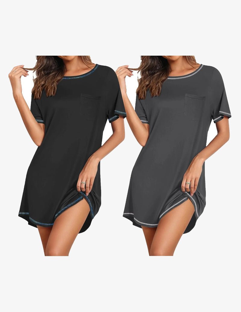 Black & dark gray short-sleeve nightgown set, crew neck, pocket, contrast-edged hem