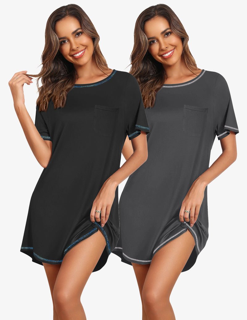 Black & dark gray short-sleeve nightgown set, crew neck, pocket, contrast trim