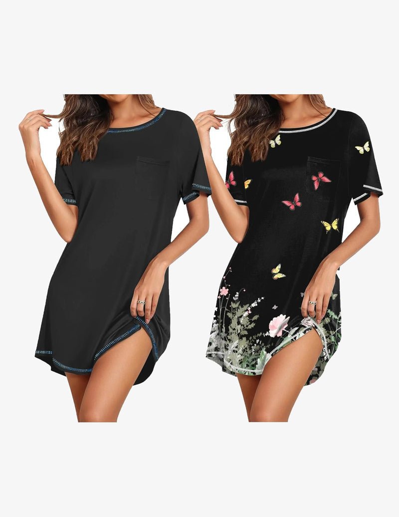 Black short-sleeve nightgown set: solid plus butterfly print, crew neck, pocket