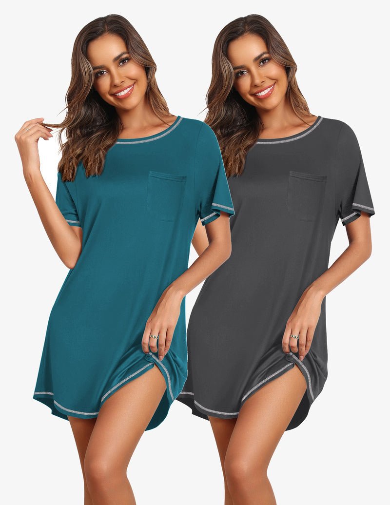 Teal & dark gray short-sleeve nightgown set, crew neck, pocket, contrast trim