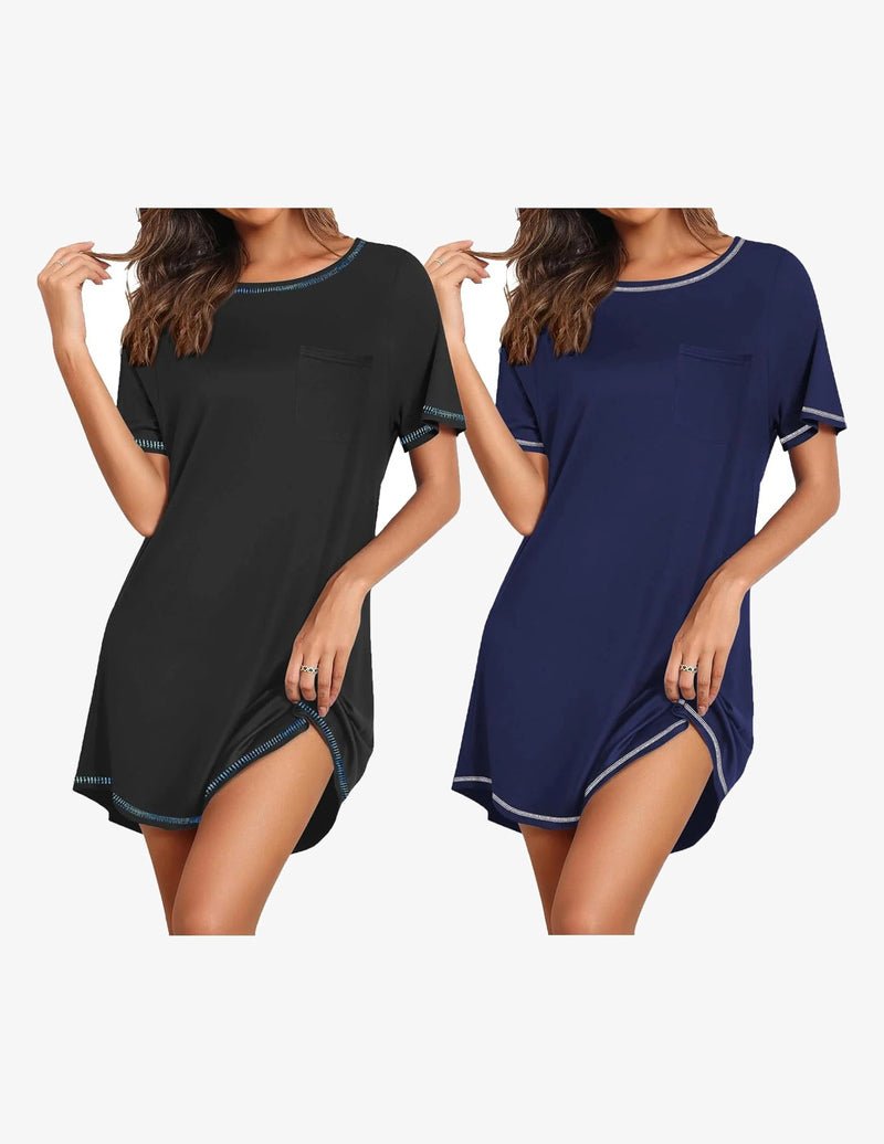 2-pack short sleeve nightgown: black solid & navy solid, crew neck