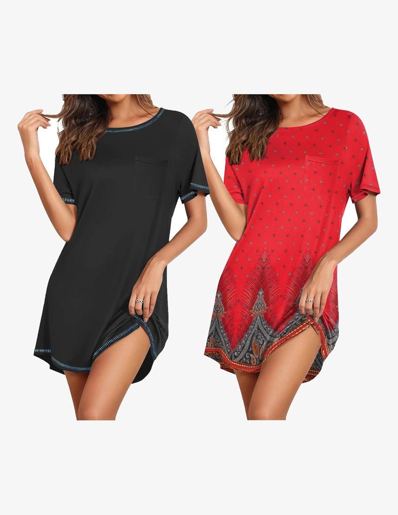 Black & red short-sleeve nightgown set, crew neck, front pocket, patterned red print
