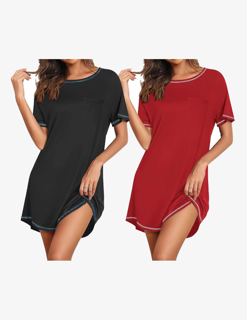 Black & wine-red short-sleeve nightgown set, crew neck, front pocket, contrast trim