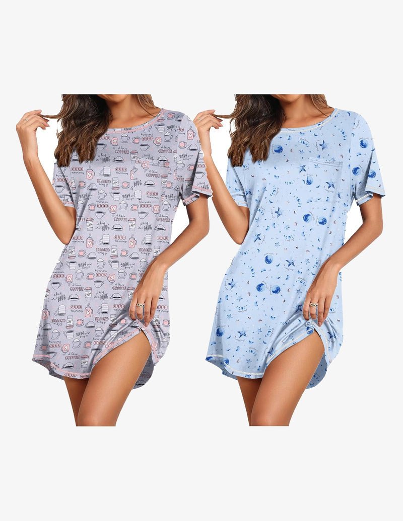 Gray & light-blue short-sleeve nightgown set, crew neck, side slit, allover prints