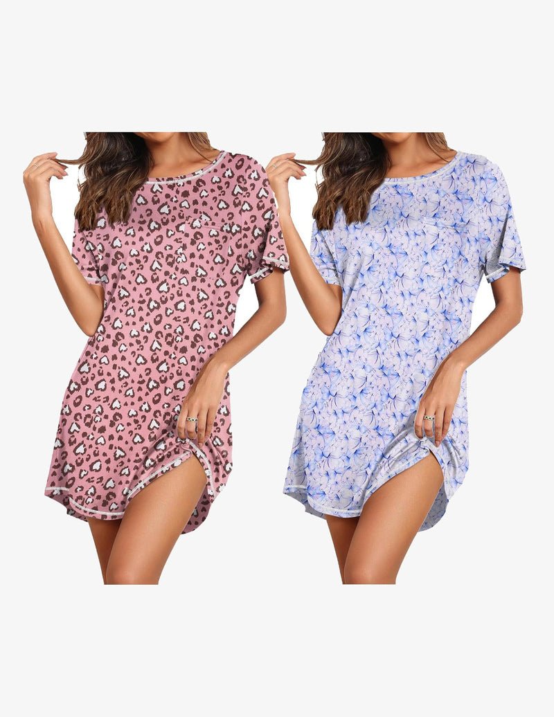 2-pack short sleeve nightgown: mauve leopard print & light blue floral print