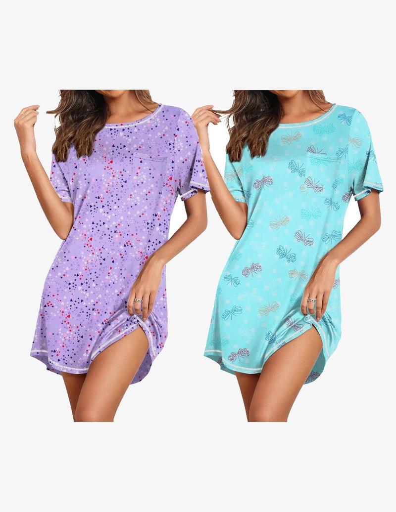 Lilac & light blue short-sleeve nightgown set, crew neck, side slit, printed styles