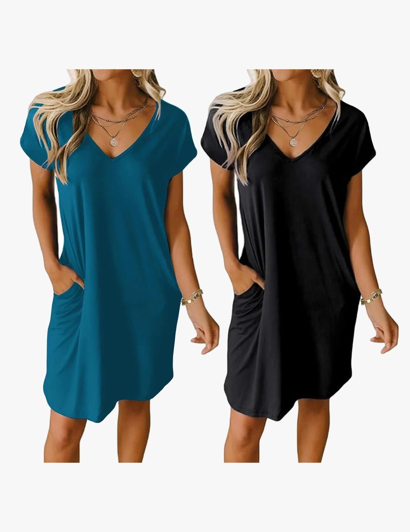 V-neck short-sleeve nightgown, 2-pack: teal and black solid