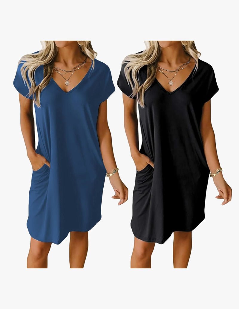 2-pack V-neck nightgown, short sleeves: blue solid and solid black