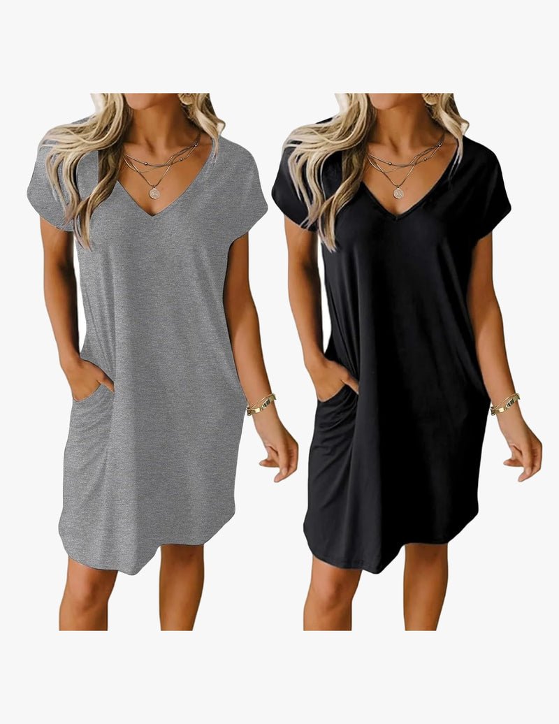 2-pack V-neck nightgown, short sleeves: heather gray solid and solid black