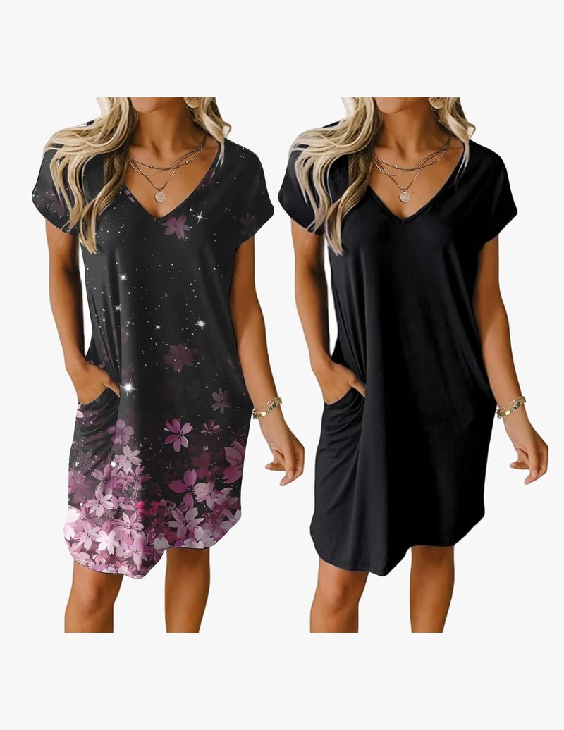 2-pack V-neck nightgown, short sleeves: black star & floral print and solid black