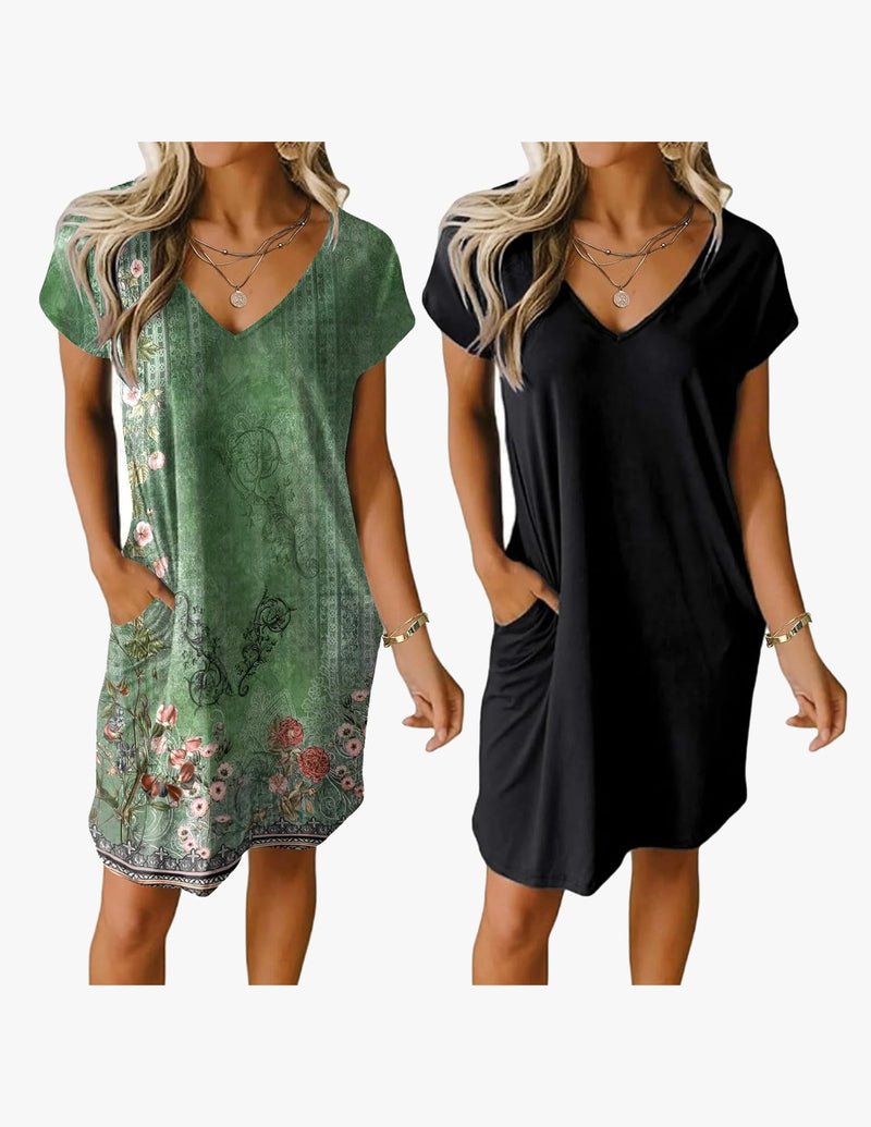 V-neck short-sleeve nightgown, 2-pack: green floral print and black