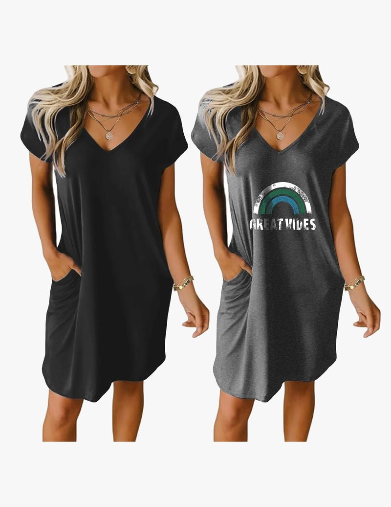 V-neck short-sleeve nightgown, 2-pack: black and dark gray with front graphic