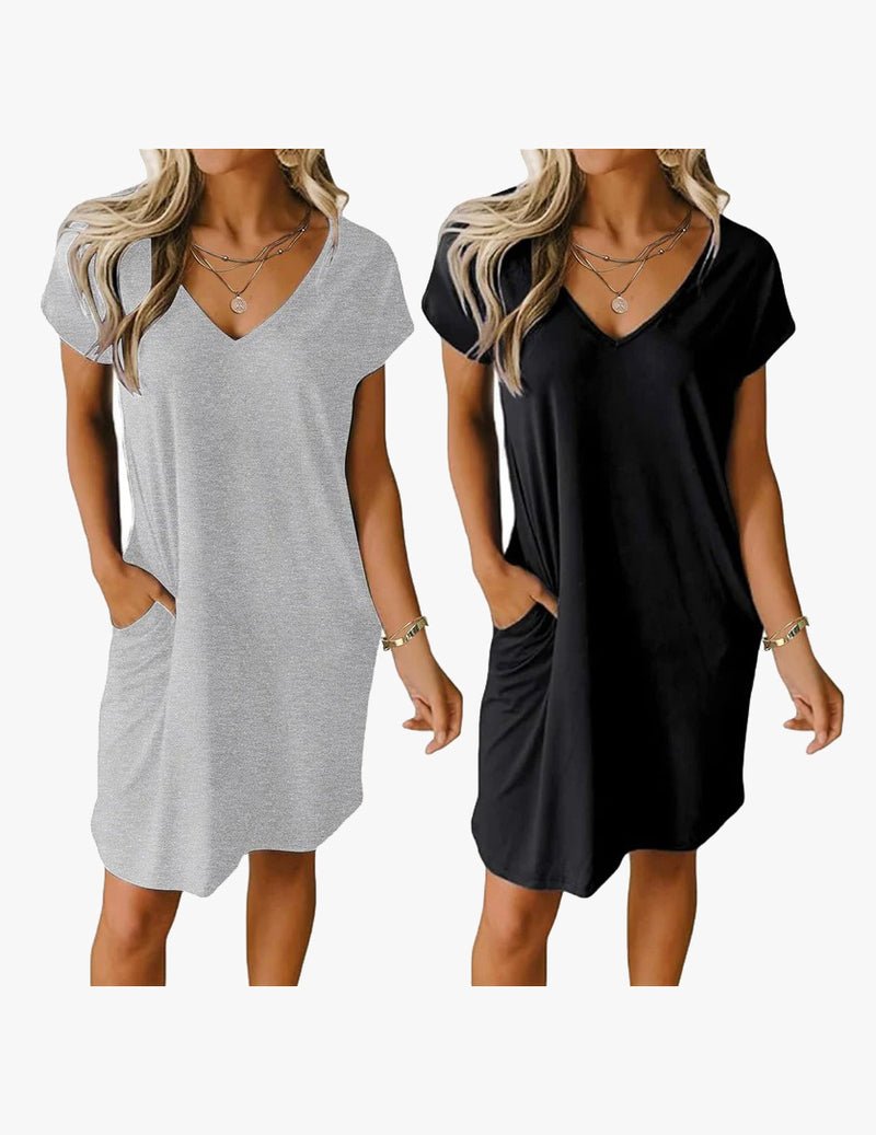 2-pack V-neck nightgown, short sleeves: heather gray solid and solid black