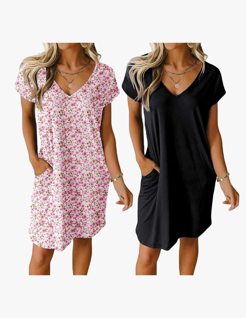 2-pack V-neck nightgown, short sleeves: pink floral print and solid black set