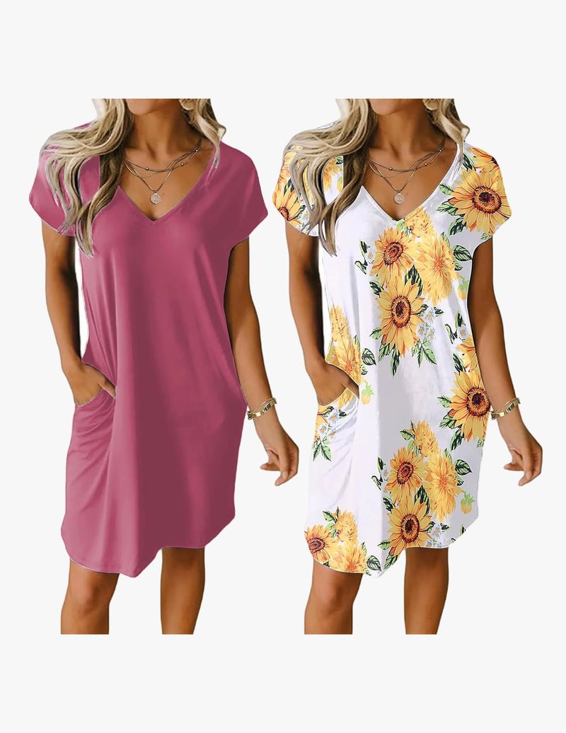 2-pack V-neck nightgown, short sleeves: mauve solid and white sunflower print