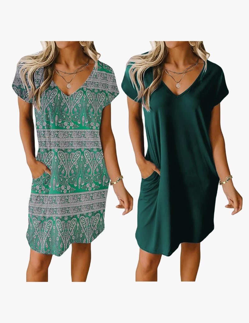 2-pack V-neck nightgown, short sleeves: green paisley print and dark teal solid
