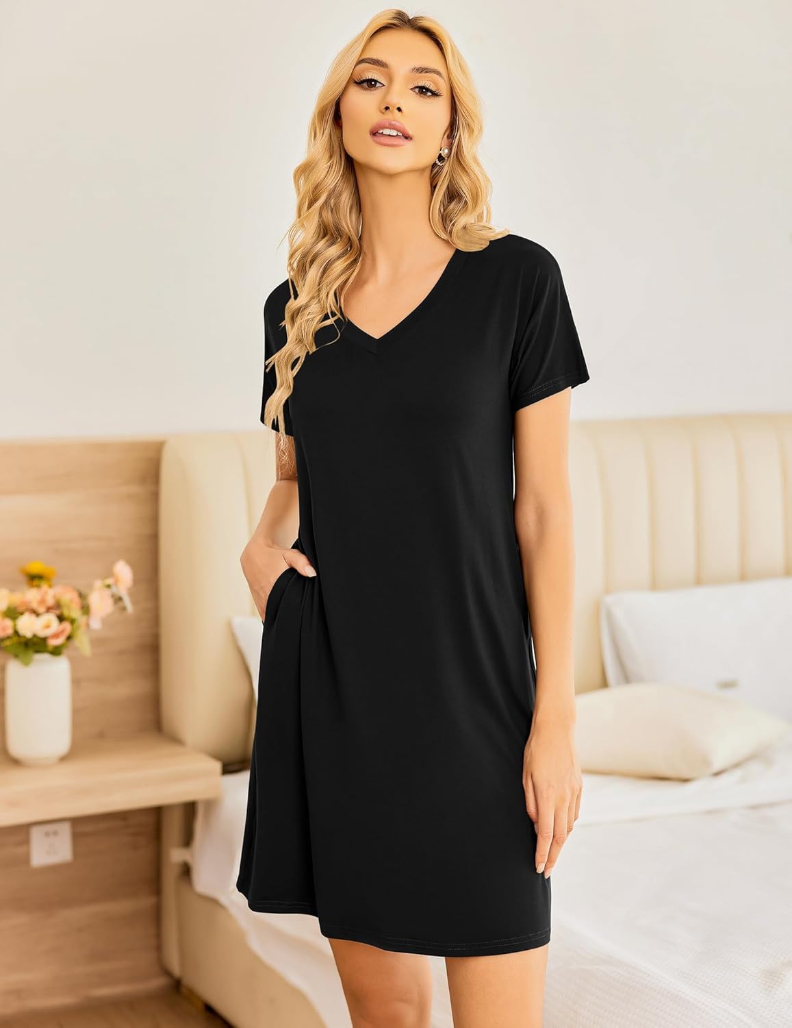 Black V-neck short-sleeve nightgown, loose knee-length fit