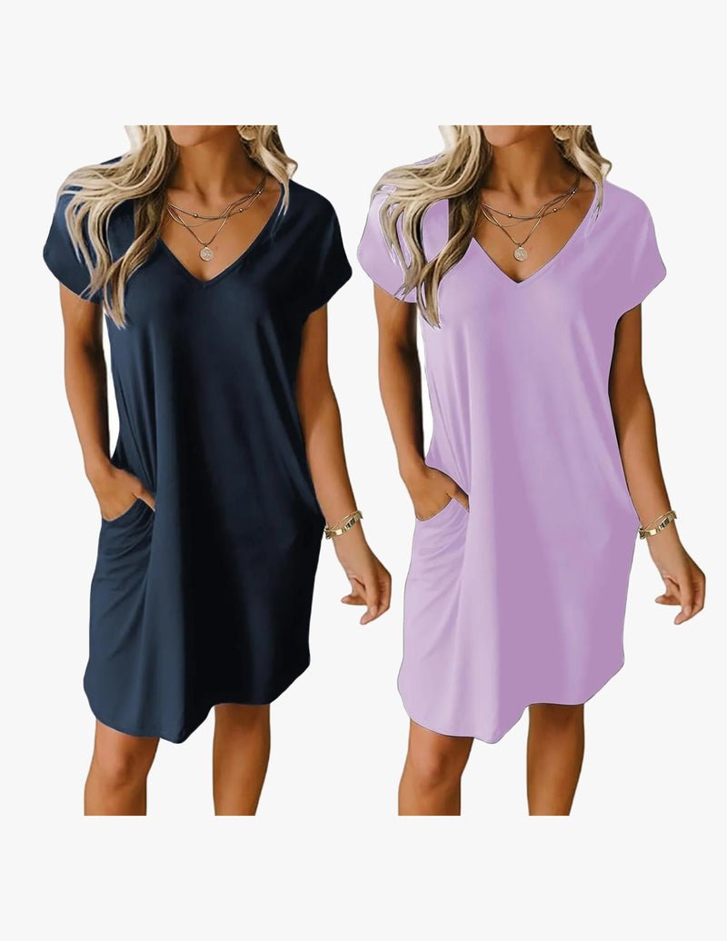 2-pack V-neck nightgown, short sleeves: navy solid and lavender solid