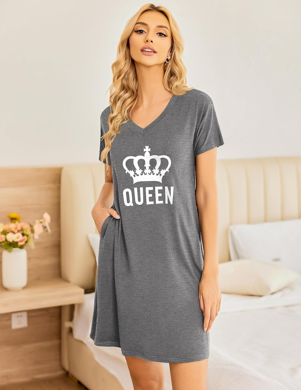 Heather gray nightgown V-neck with 'QUEEN' crown graphic, knee length