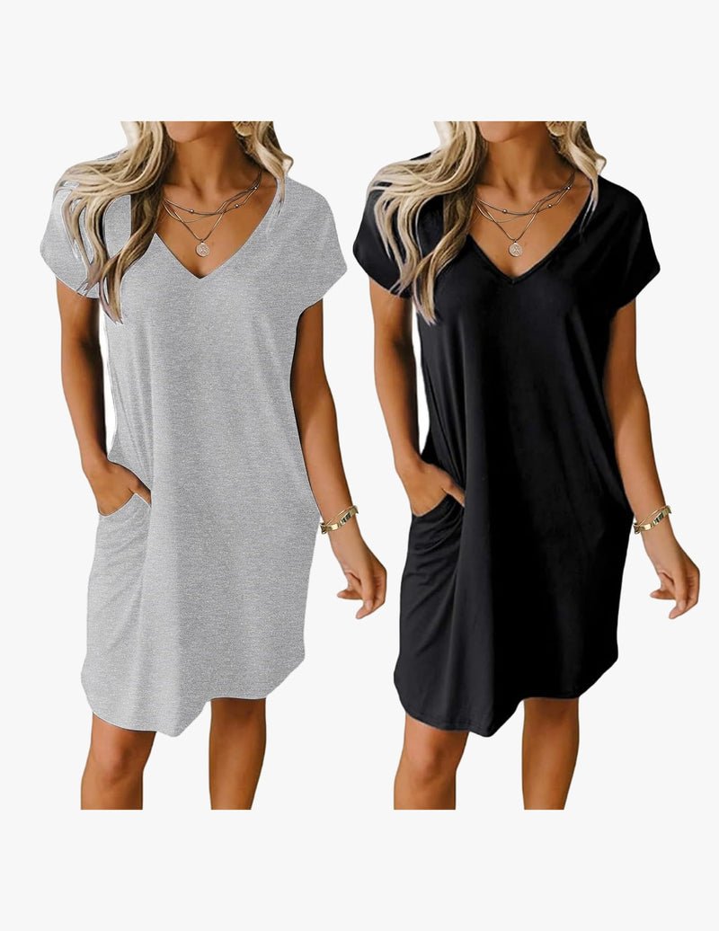 2-pack nightgown set: heather gray and black, V-neck short sleeve
