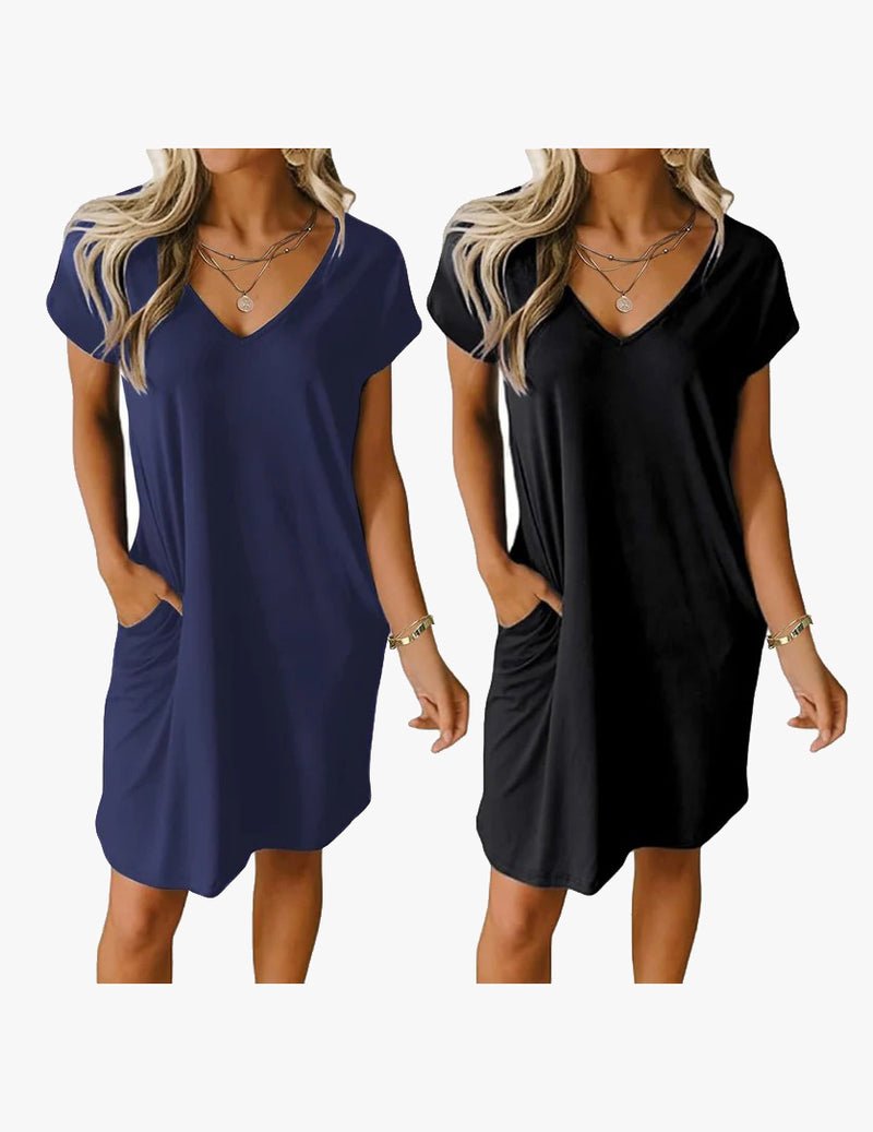 Navy blue V-neck short-sleeve nightgown dress, knee length