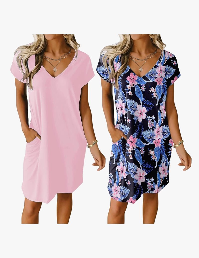 2-pack V-neck nightgown, short sleeves: light pink solid and navy floral print