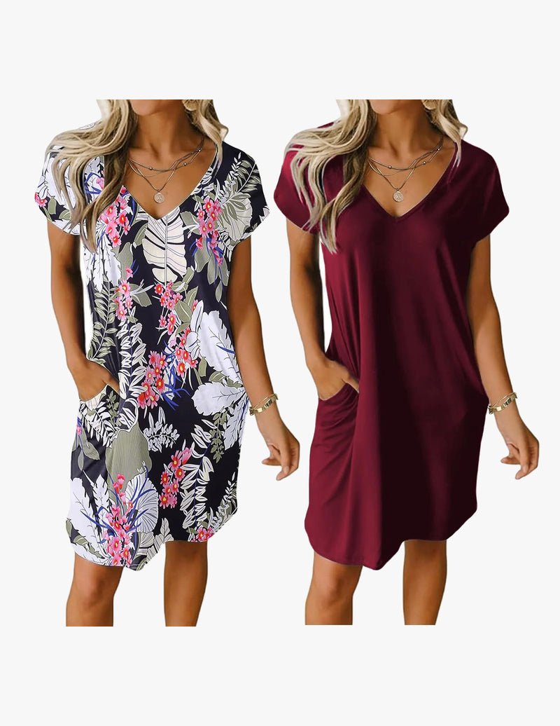 2-pack V-neck nightgown, short sleeves: black botanical floral print and wine red solid