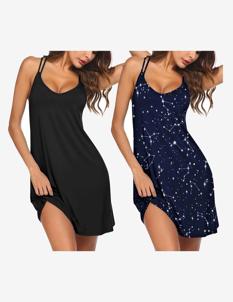 2er Racerback-Nachtkleid: schwarz einfarbig und dunkelblau mit Sternenprint, V-Ausschnitt