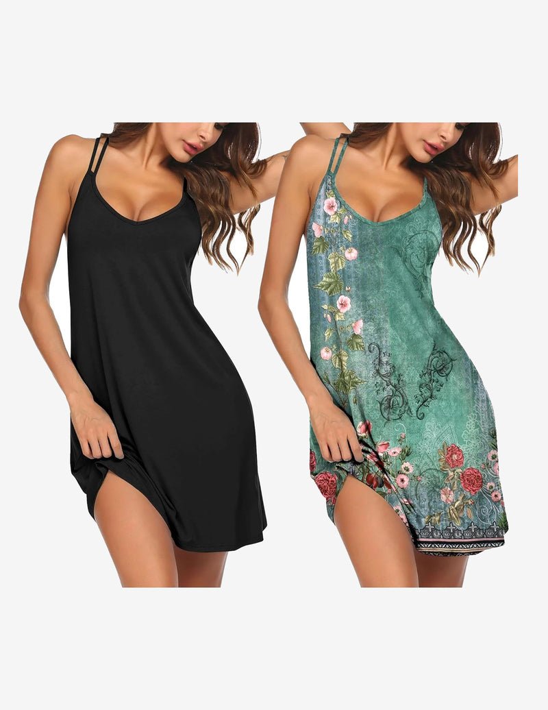 2-pack racerback nightshirt sleep dress: black solid and teal floral tapestry print