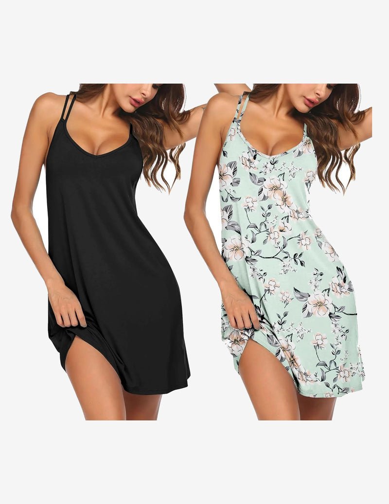 2er Racerback-Nachtkleid: schwarz einfarbig und mintfarben mit Blumenprint, ärmellos