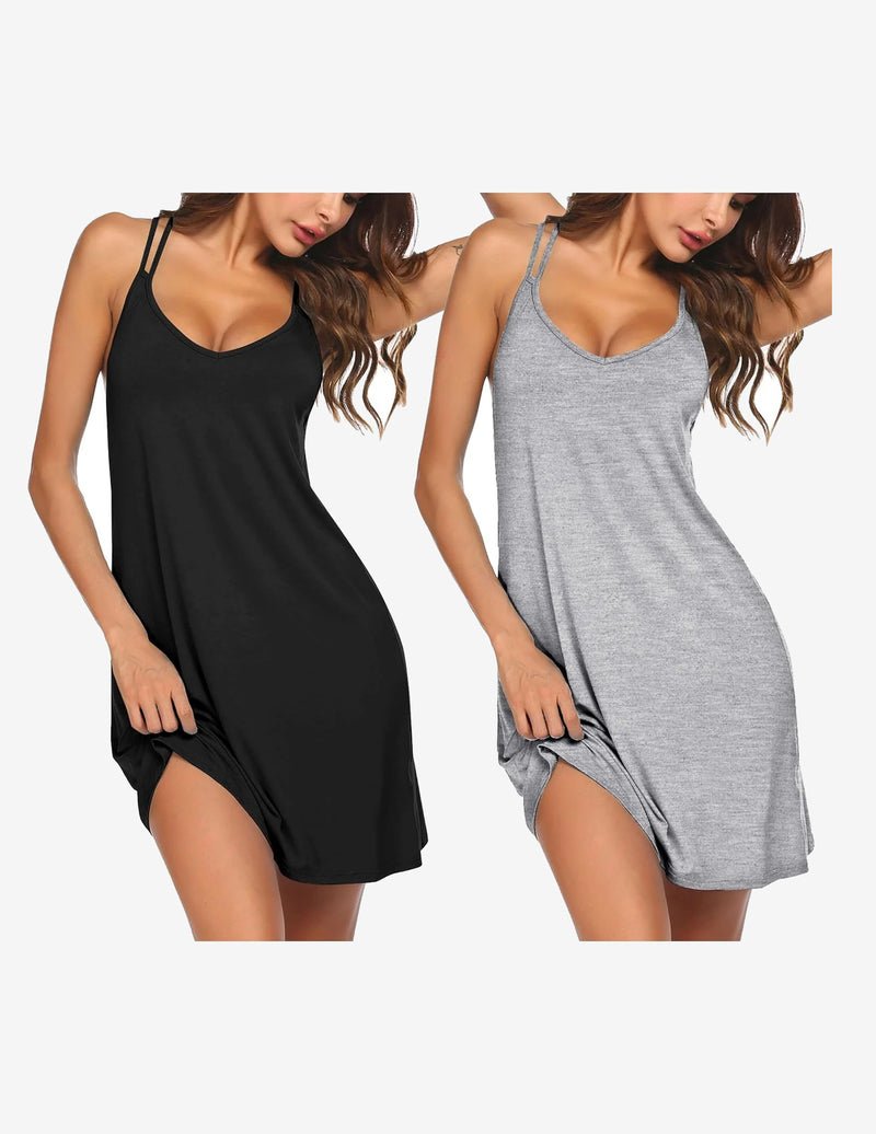 2-pack racerback nightshirt sleep dress: black solid and heather gray solid, scoop neckline