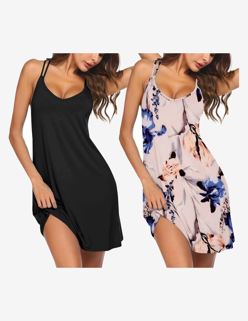 2-pack racerback nightshirt sleep dress: black solid and white with blue-pink floral print
