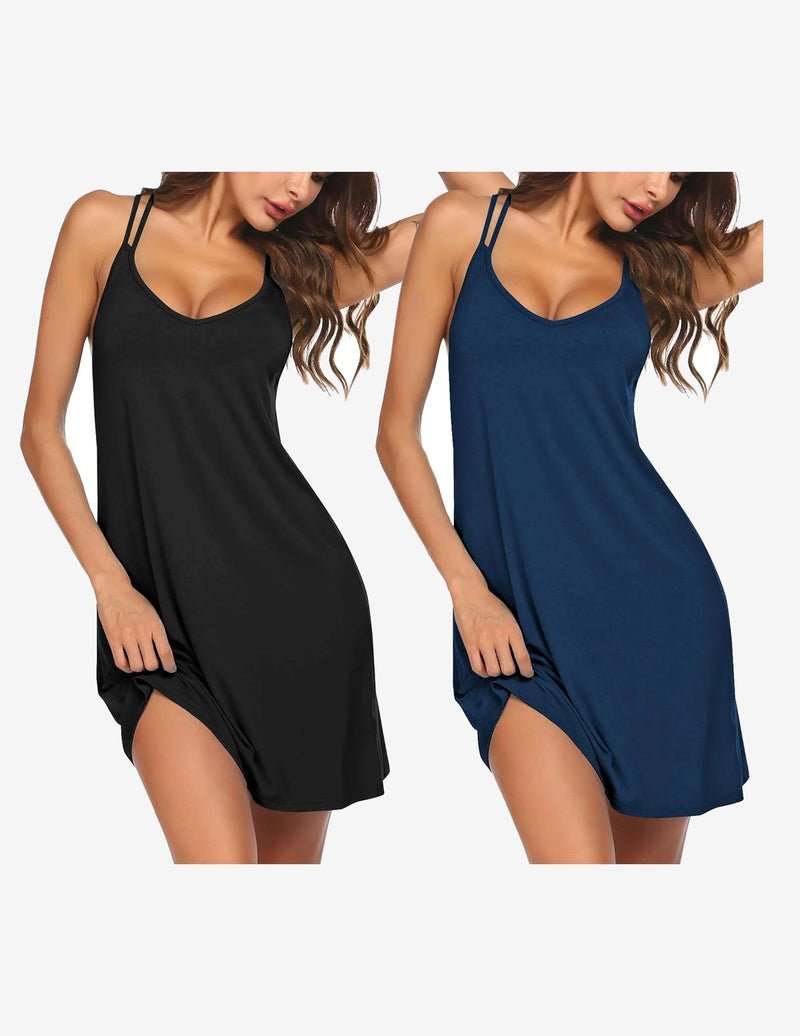 2er Racerback-Nachtkleid: schwarz einfarbig und blau einfarbig, V-Ausschnitt, Knielänge