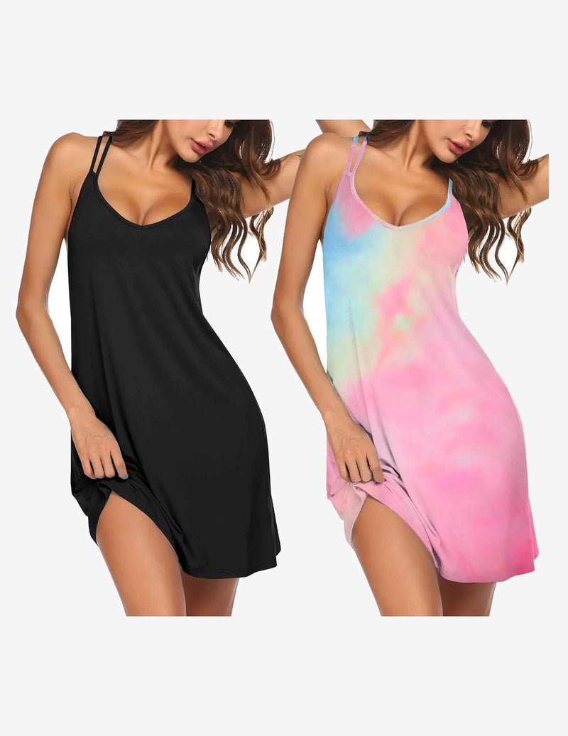 2-pack racerback nightshirt sleep dress: black solid and pink-blue tie-dye, side slit