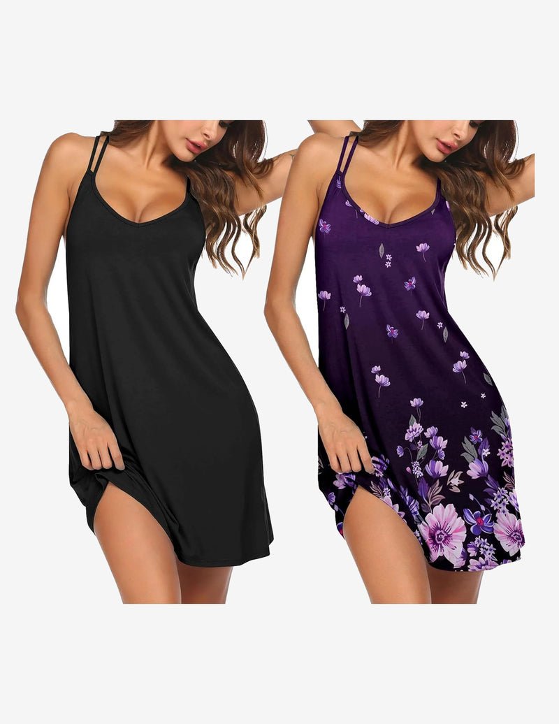2er Racerback-Nachtkleid: schwarz und violett mit Blumenprint, Träger mit Racerback